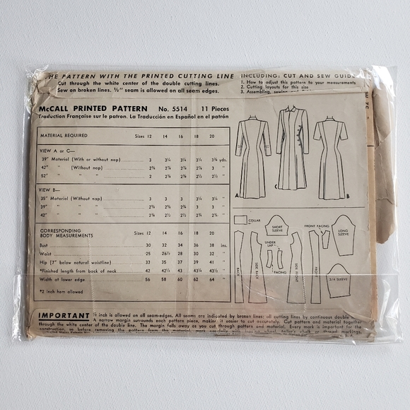 1940s Vintage McCalls 5514 Princess Seam Dress Pattern - Picture 2 of 2